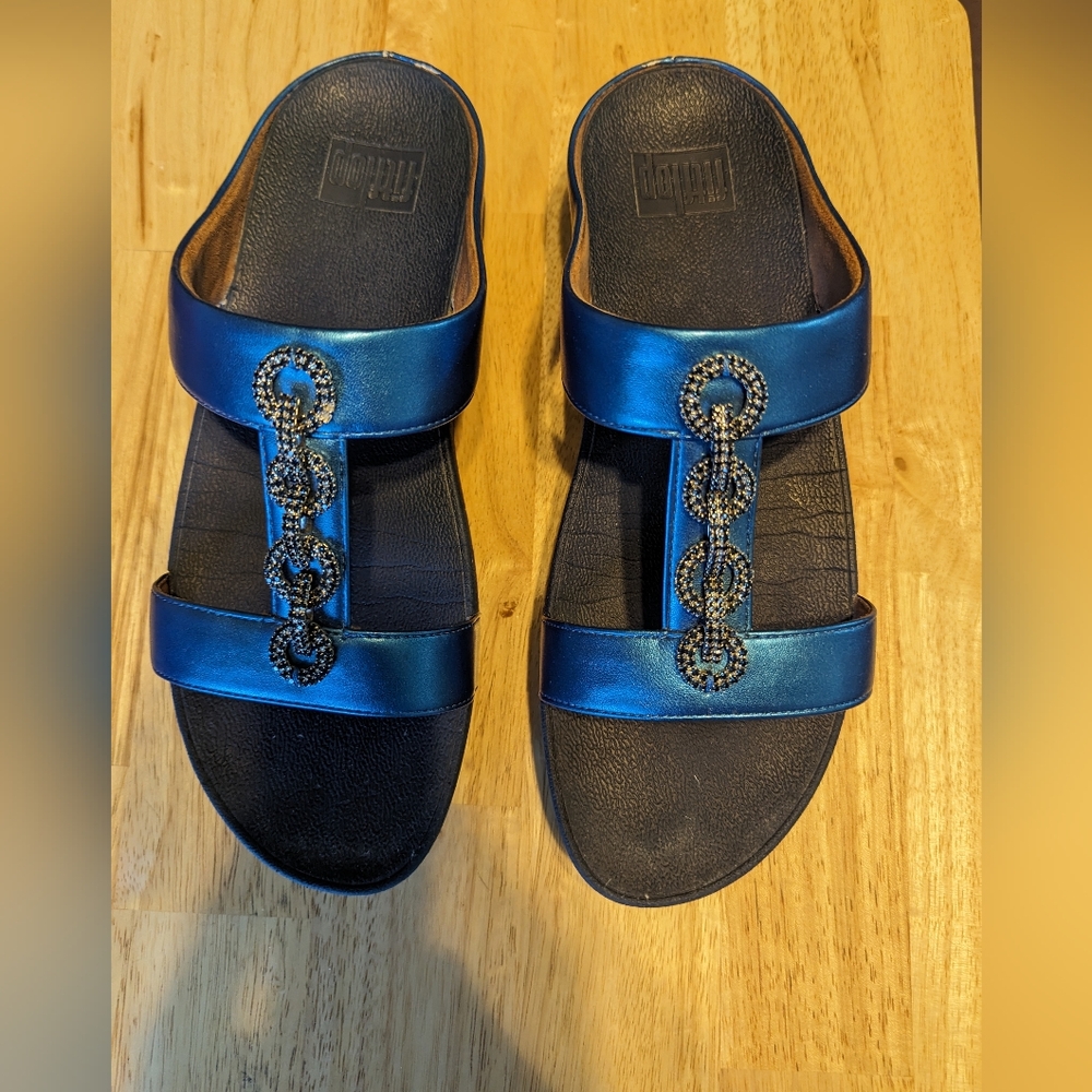 FitFlops Blue Bejeweled Slides Size 10